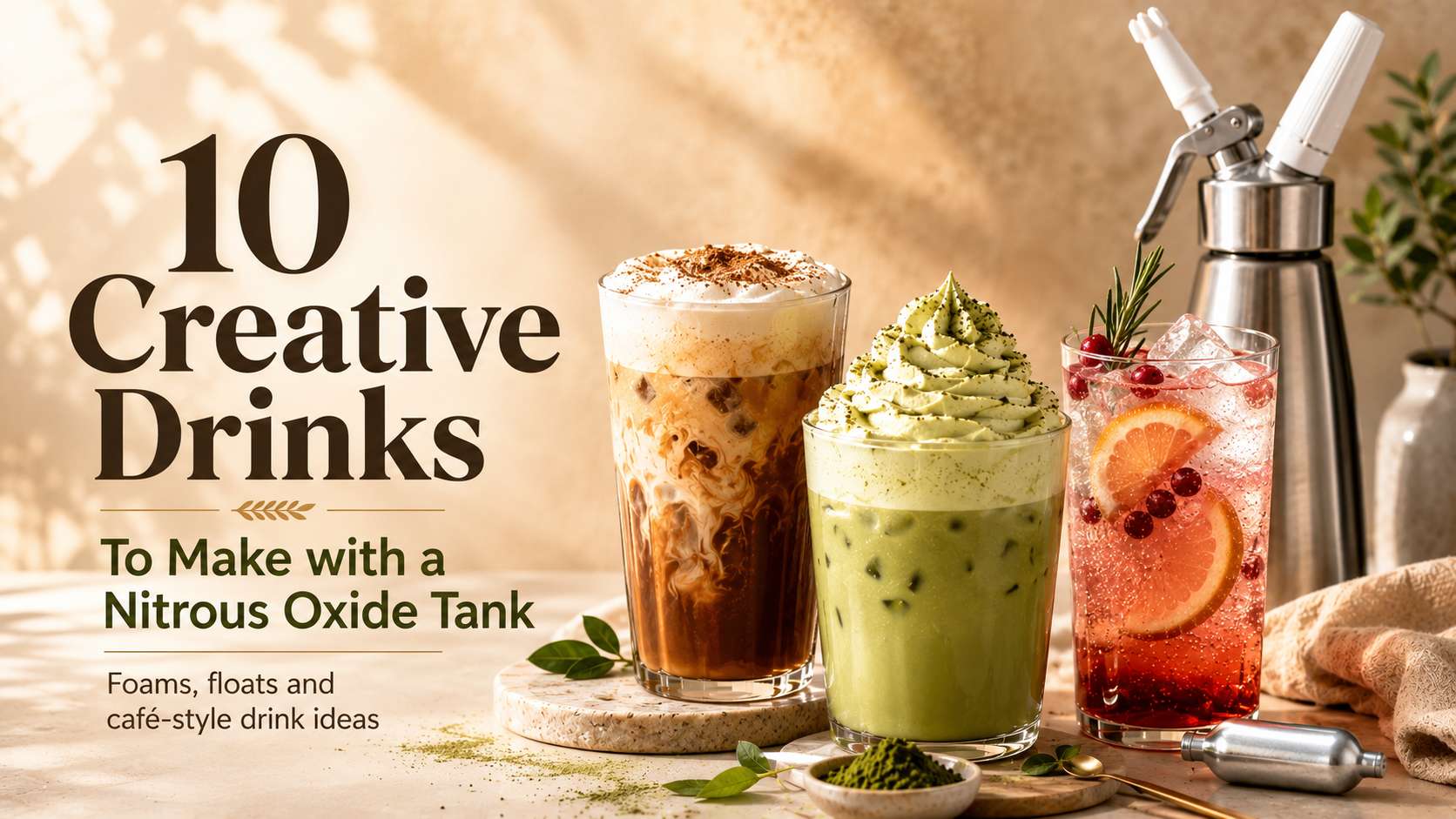Creative iced coffee, matcha and mocktail drinks topped with foam using a nitrous oxide tank.
