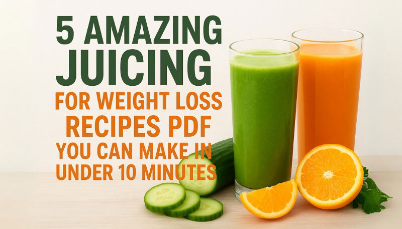 Two glasses of fresh juice, one green and one orange, placed beside cucumber slices and orange halves with text overlay promoting quick weight loss juicing recipes in under 10 minutes.