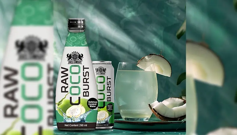 RAW Coco Burst Coconut Water by London Juice Company – refreshing natural coconut drink with pulp, shown in bottle, can, and glass with fresh coconut slices.