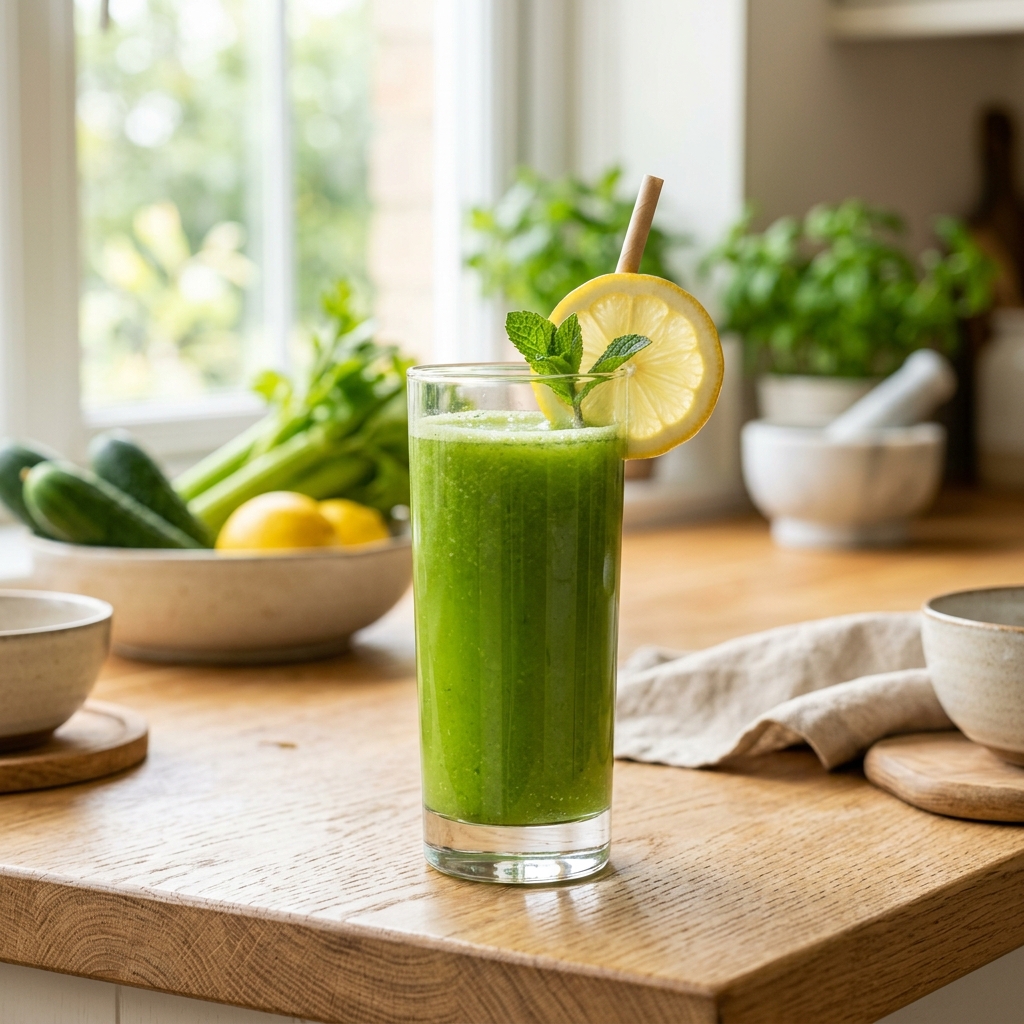 Green skin-support juice in a tall glass with cucumber, celery, spinach, ginger, and lemon