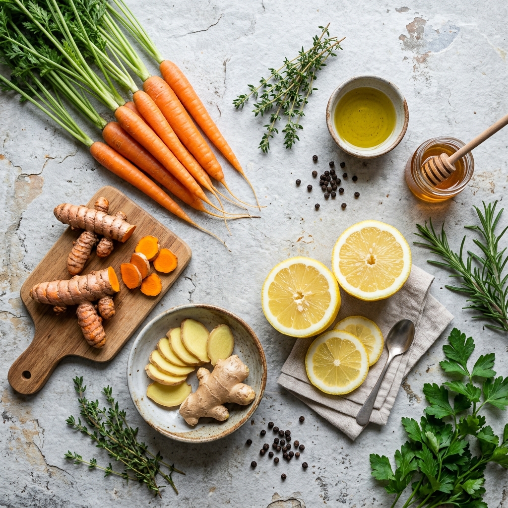 Fresh carrots, turmeric, ginger, and lemon halves on a light slate background