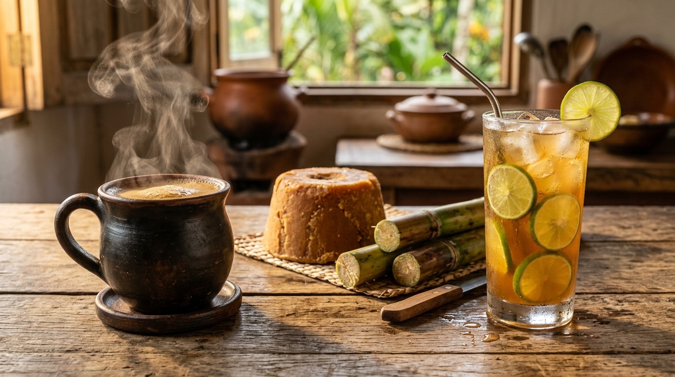 Hot Colombian aguapanela and iced aguapanela con limon beside a panela block and sugarcane