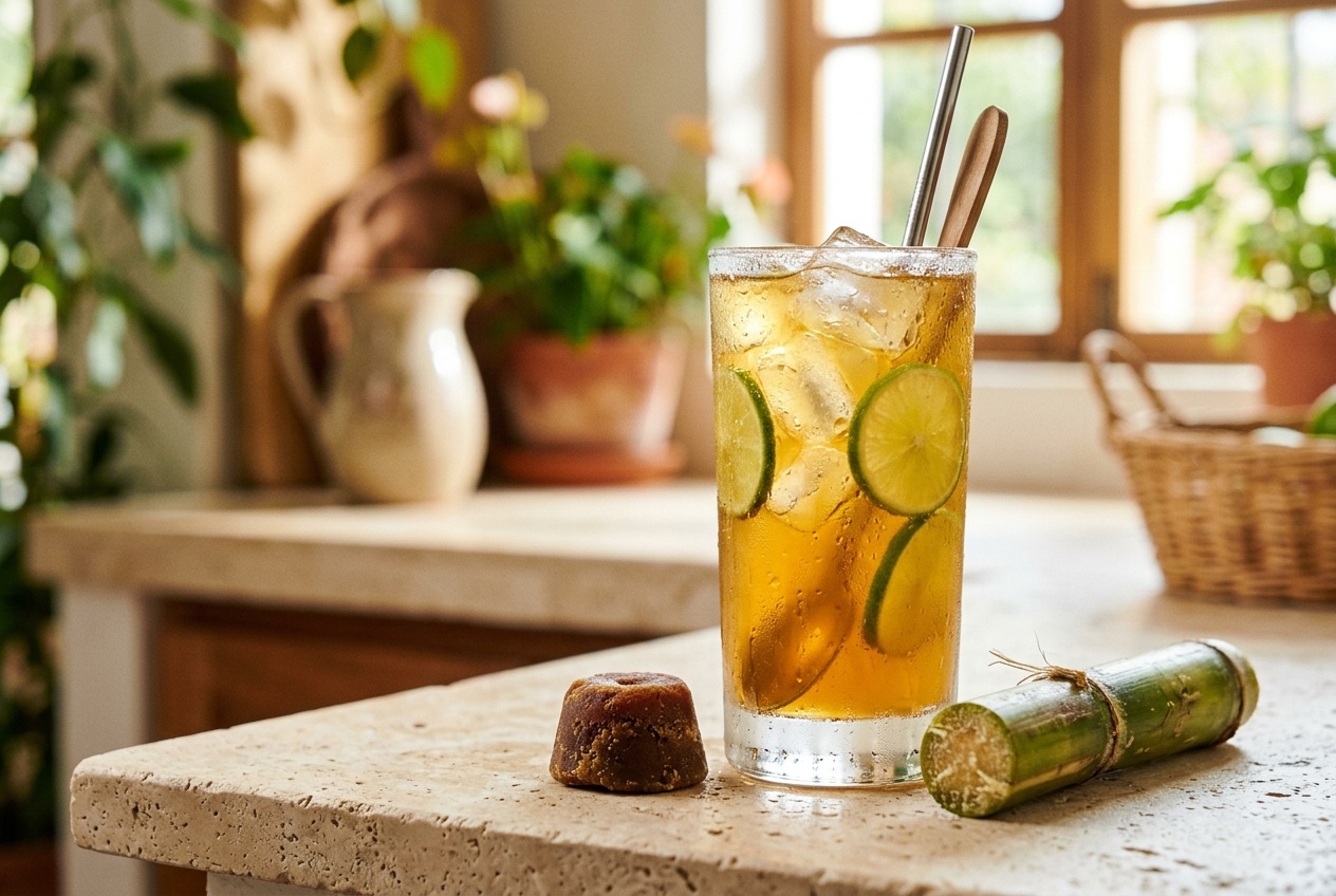 Iced aguapanela con limon with fresh lime, ice, and panela on a simple table
