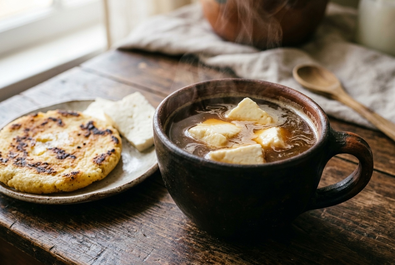 Hot aguapanela with cubes of queso campesino softening in a ceramic mug