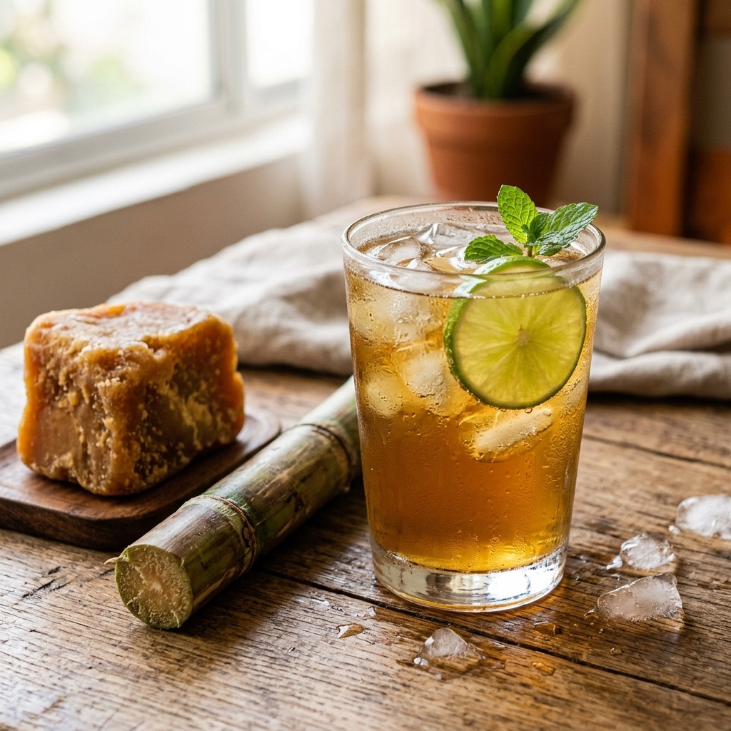 Fresh Colombian aguapanela served over ice with lime and panela block