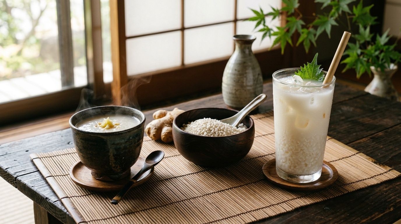 Warm and iced amazake with rice koji and fresh ginger on a Japanese table