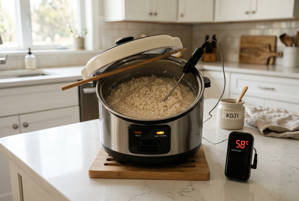 Rice cooker holding amazake with the lid vented and a thermometer near 60 C