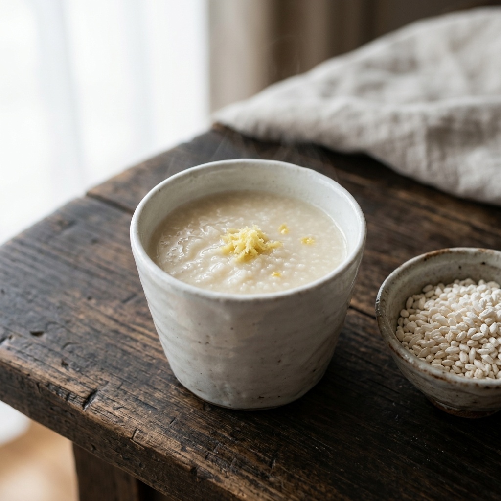 Warm amazake with grated ginger beside a bowl of rice koji