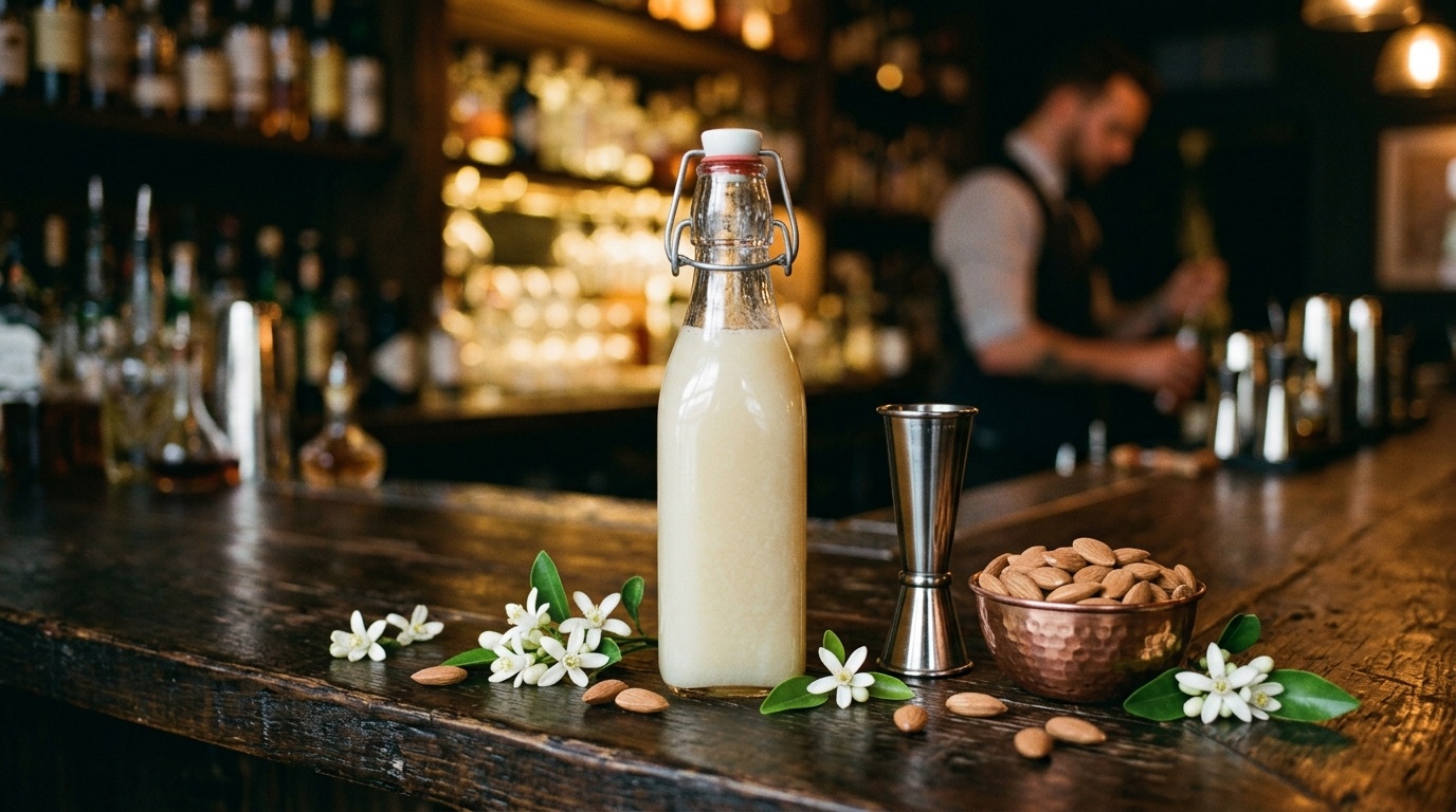 Bottle of cloudy orgeat syrup with blanched almonds and orange blossoms on a rustic bar.
