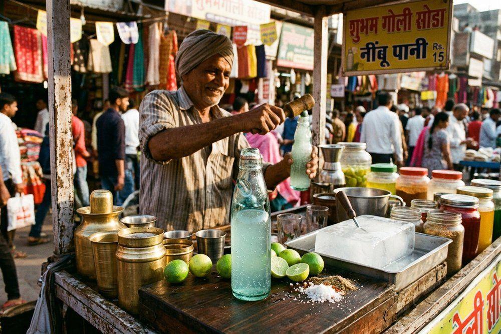 Traditional Indian street vendor cart with vintage marble-stoppered banta goli soda bottle and fresh limes