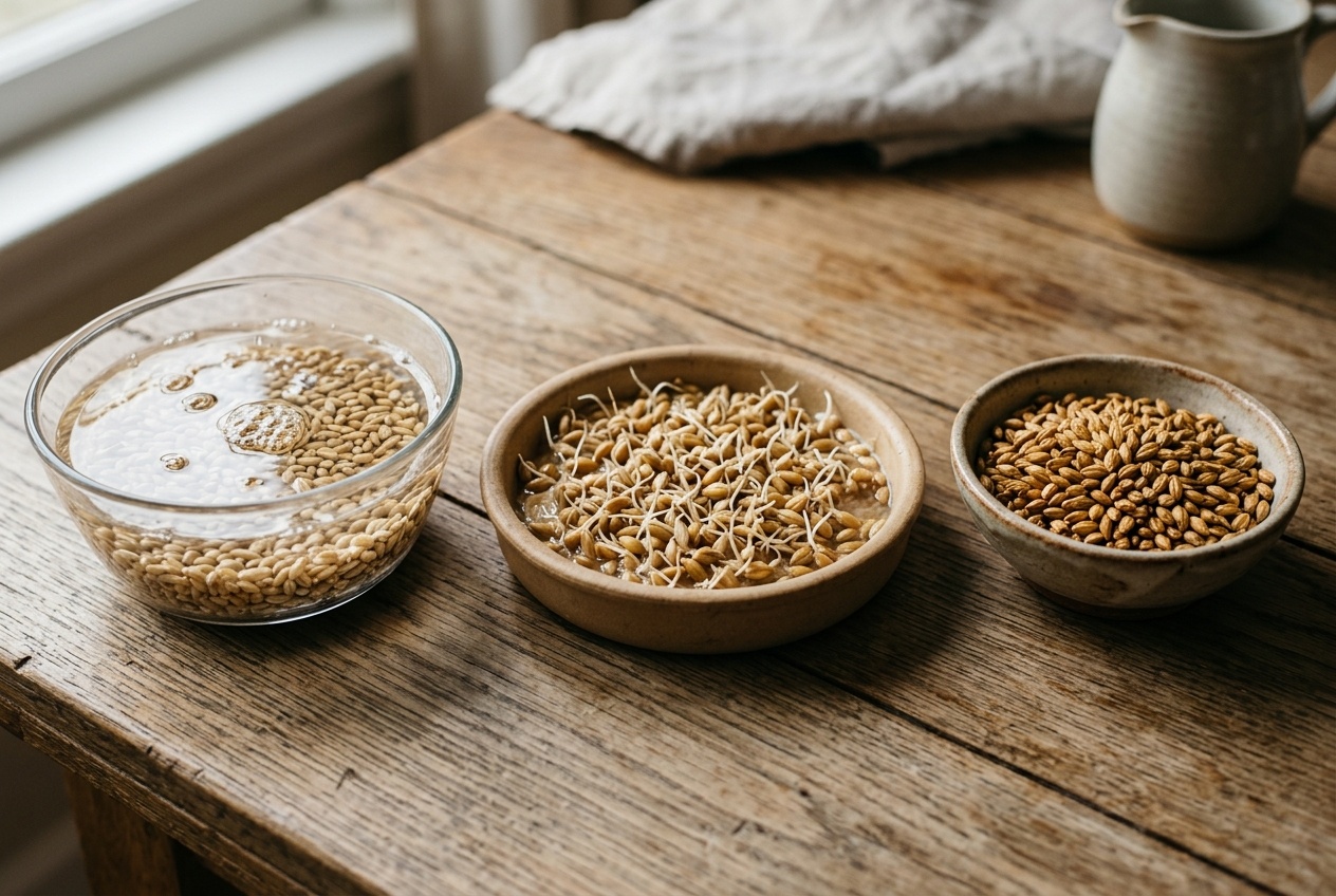 Barley shown through steeping, germination and kilning stages