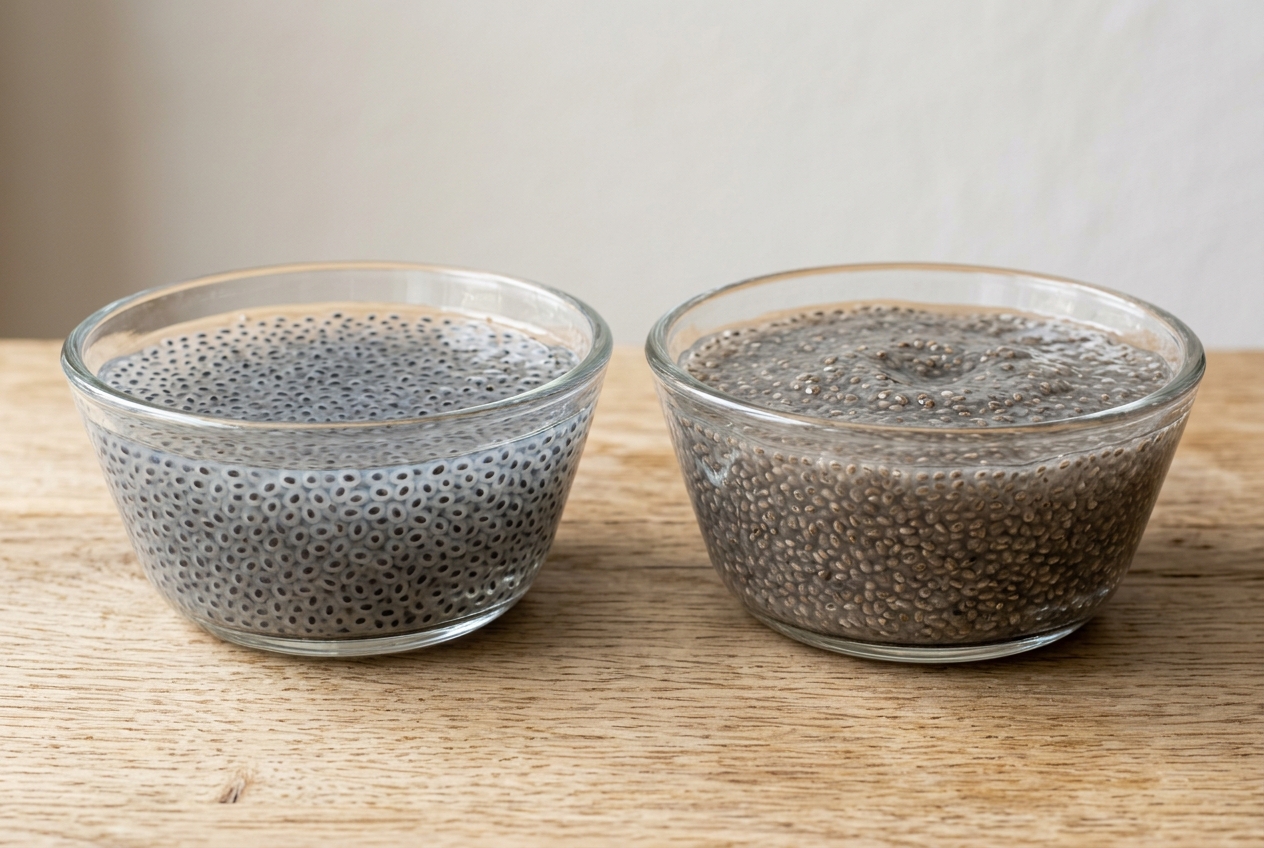 Two clear bowls showing soaked basil seeds beside soaked chia seeds for texture comparison