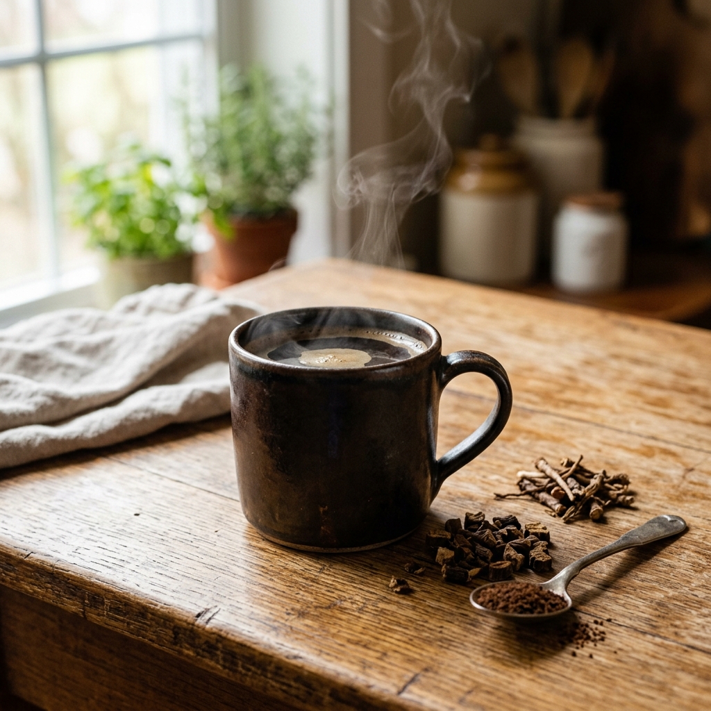 Steaming mug of dark chicory coffee with roasted chicory and dandelion roots on a wooden table