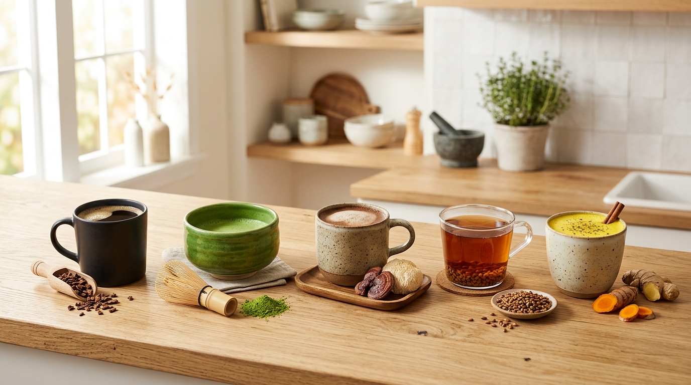 Coffee substitutes including chicory coffee, matcha, mushroom drink, roasted barley and golden milk