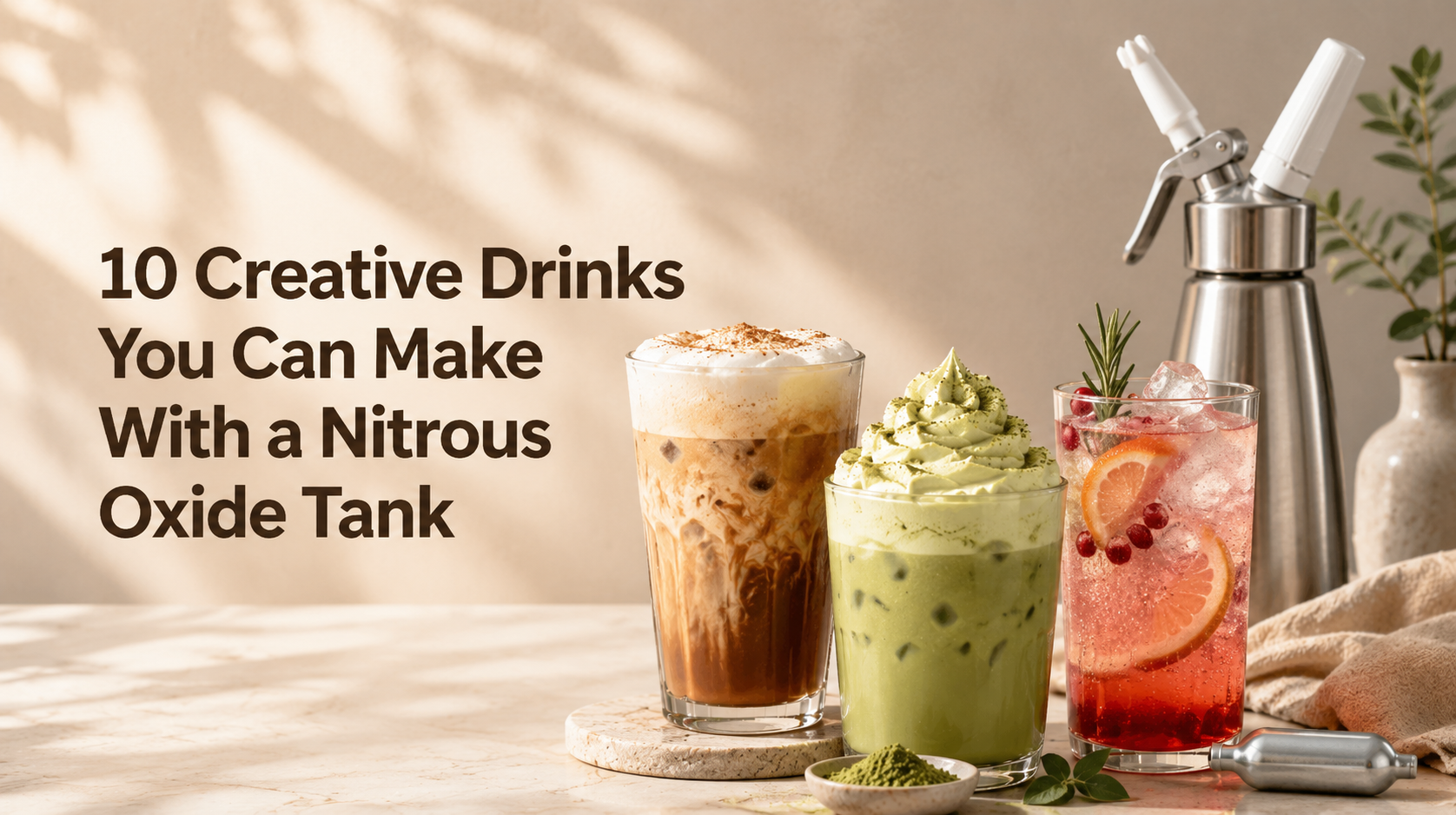 Creative iced coffee, matcha and mocktail drinks topped with foam using a nitrous oxide tank.
