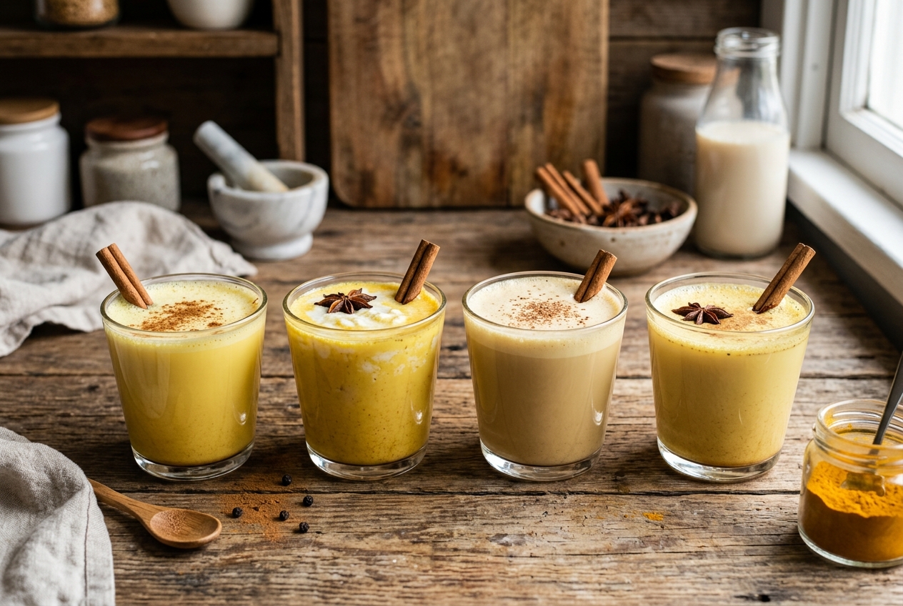 Four glasses comparing dairy, coconut, oat, and almond milk for golden milk