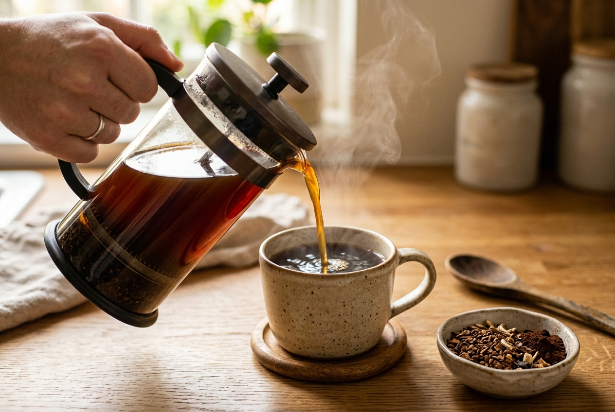 Dark chicory and dandelion coffee substitute being poured from a French press into a ceramic mug