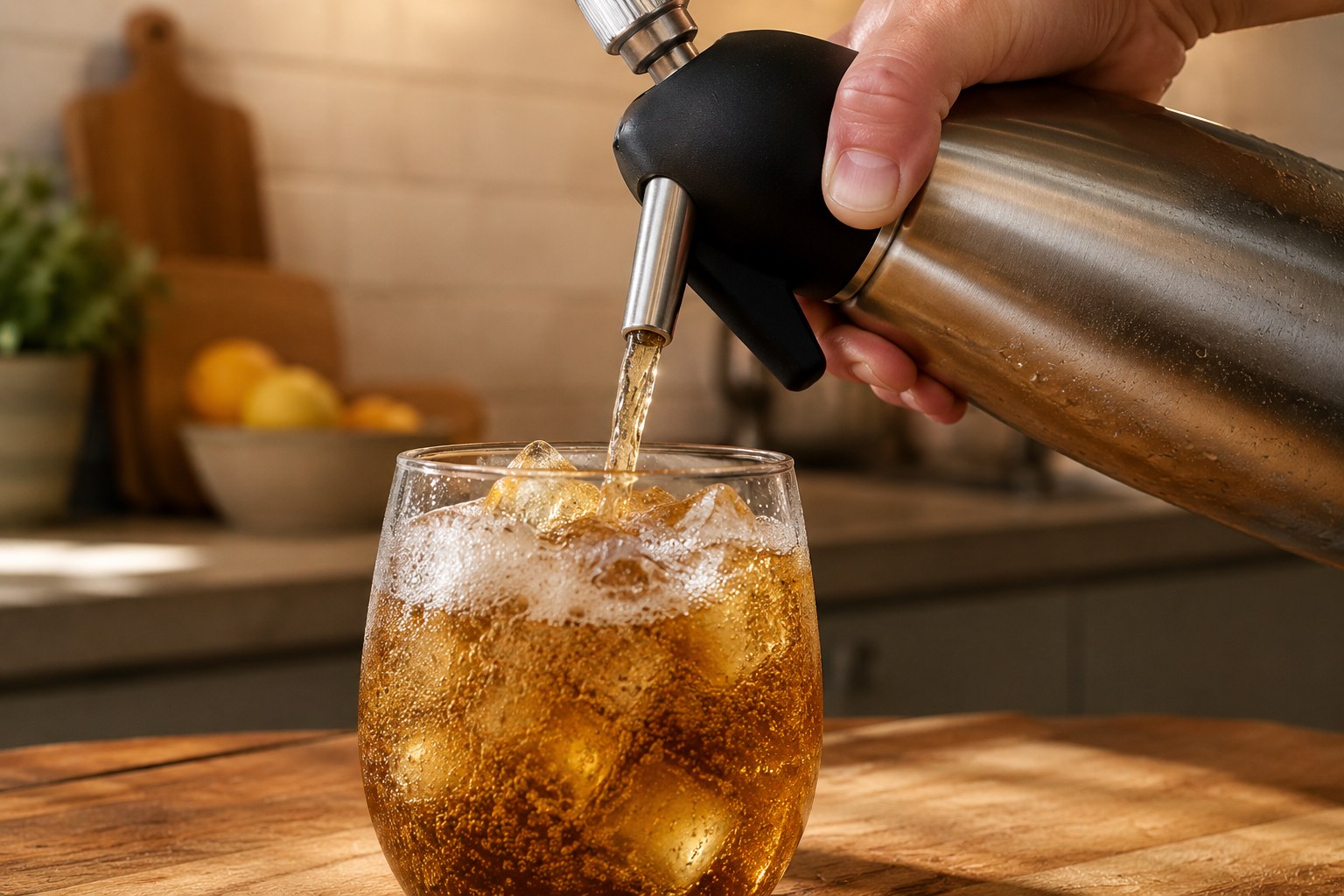 Hand pouring cold-brew sparkling tea from a stainless steel soda siphon into a glass with ice