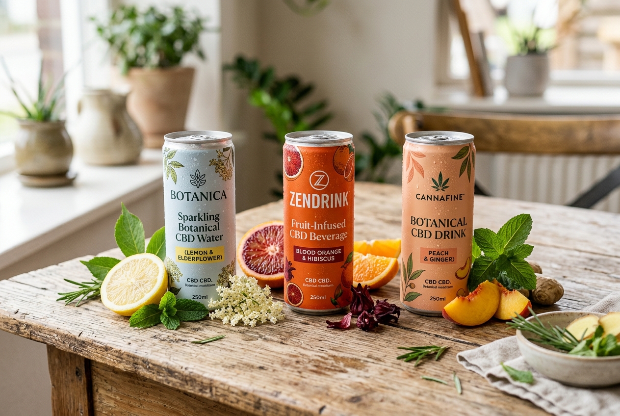 Three botanical hemp drink cans in sparkling water, fruit-infused, and botanical tea styles arranged on a wooden table with fresh herbs and citrus