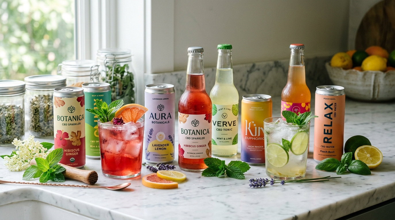 A selection of chilled CBD infused sparkling drinks, botanical cans, and herbal wellness beverages