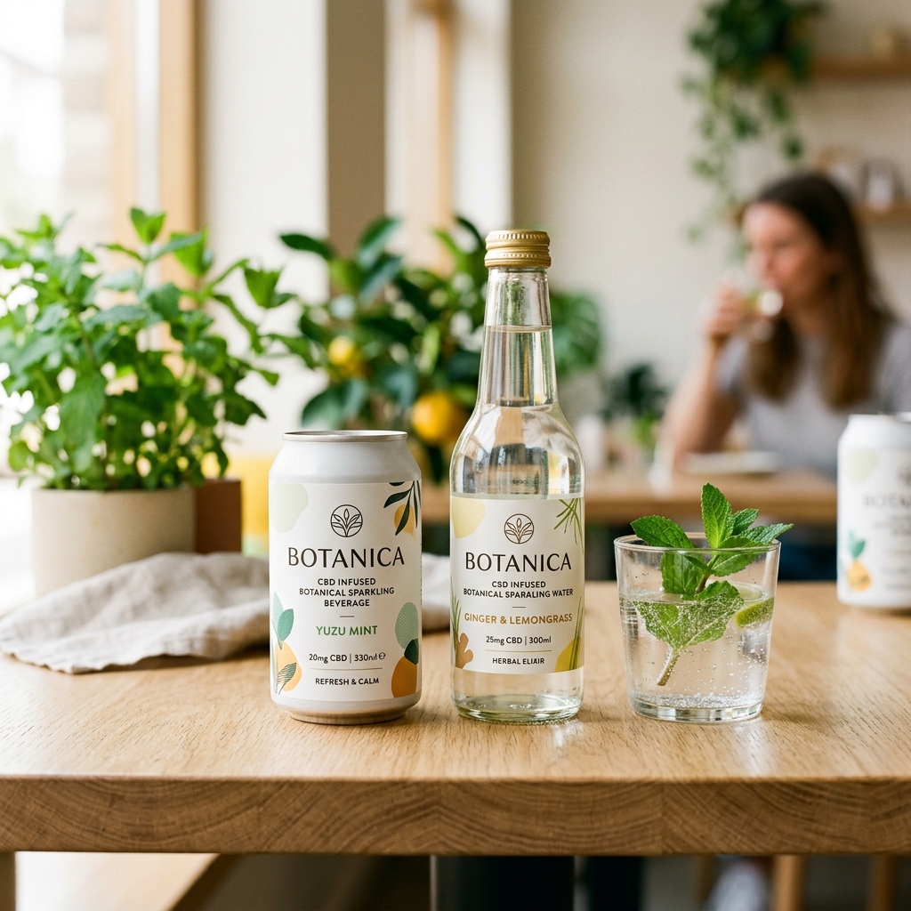Chilled canned CBD infused botanical drink on a wooden cafe table