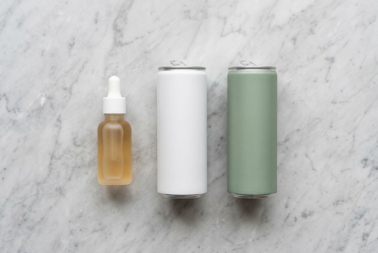 CBD oil dropper bottle compared to two sparkling CBD drinks on marble surface