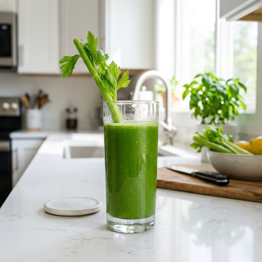 A tall glass of vibrant green celery juice with fresh celery stalks on a modern white kitchen counter