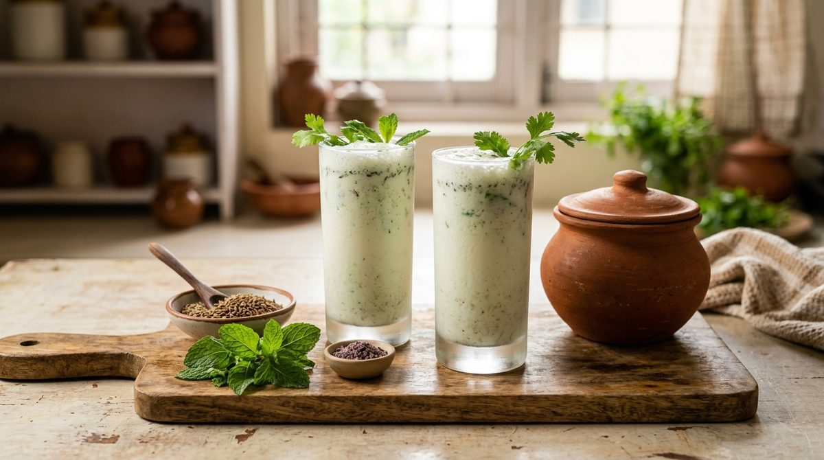 Two glasses of Indian spiced chaas with cumin, coriander, and mint beside an earthenware pot