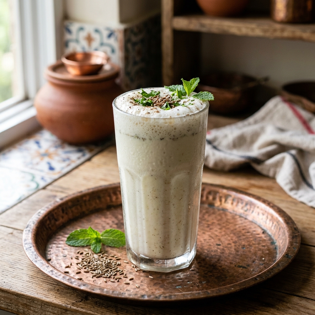 Tall glass of frothy masala chaas with roasted cumin, mint, and coriander on a copper tray