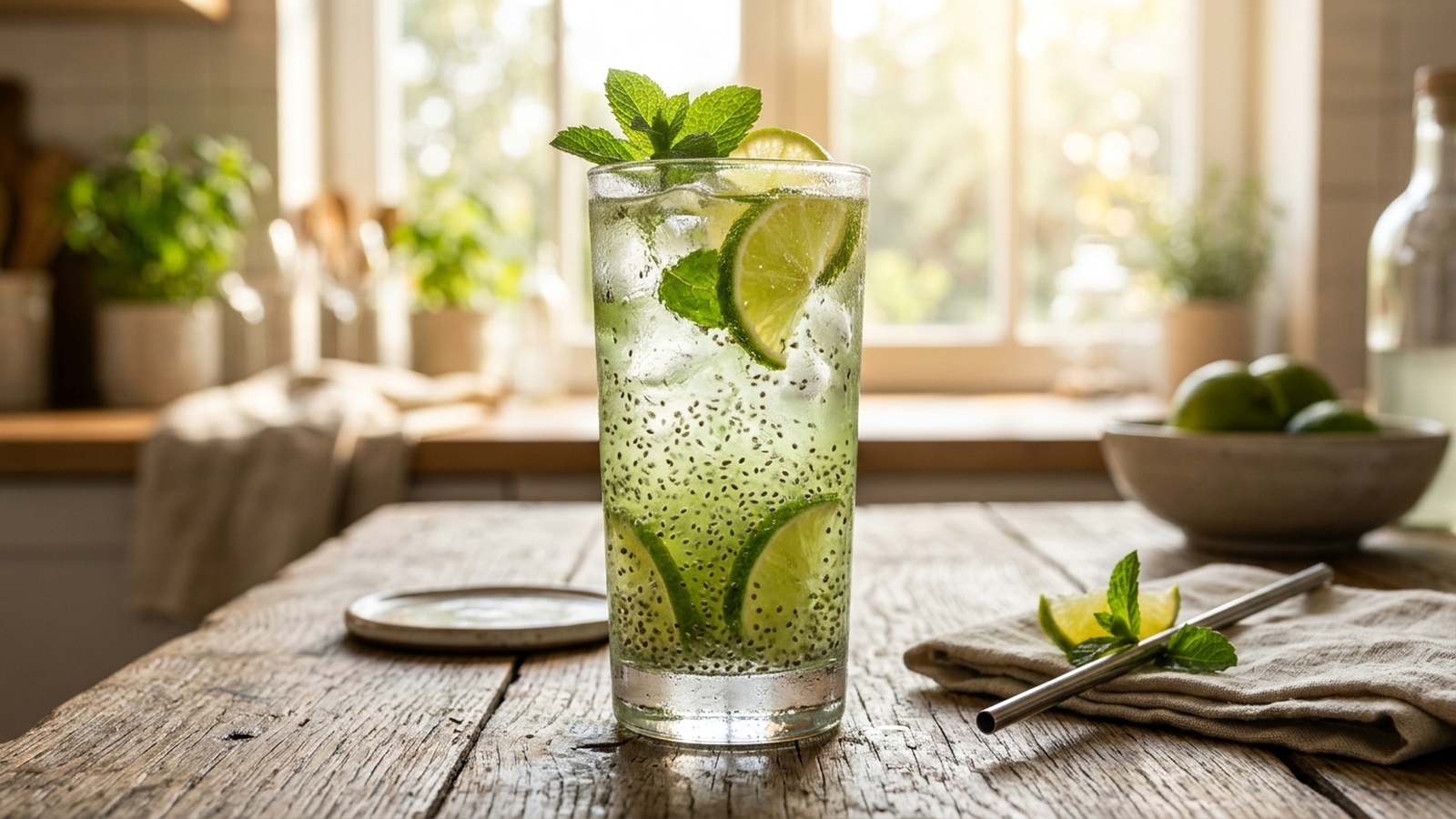 Refreshing tall glass of iced Chia Fresca drink with suspended chia seeds, lime slices, and fresh mint on a rustic table