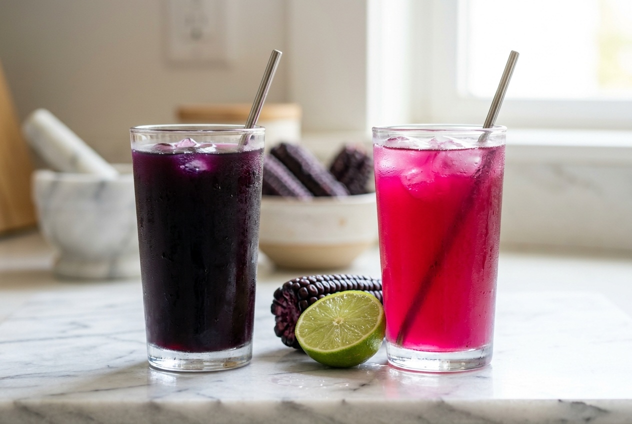 Two glasses of chicha morada showing deep violet color before lime and brighter ruby-purple color after lime