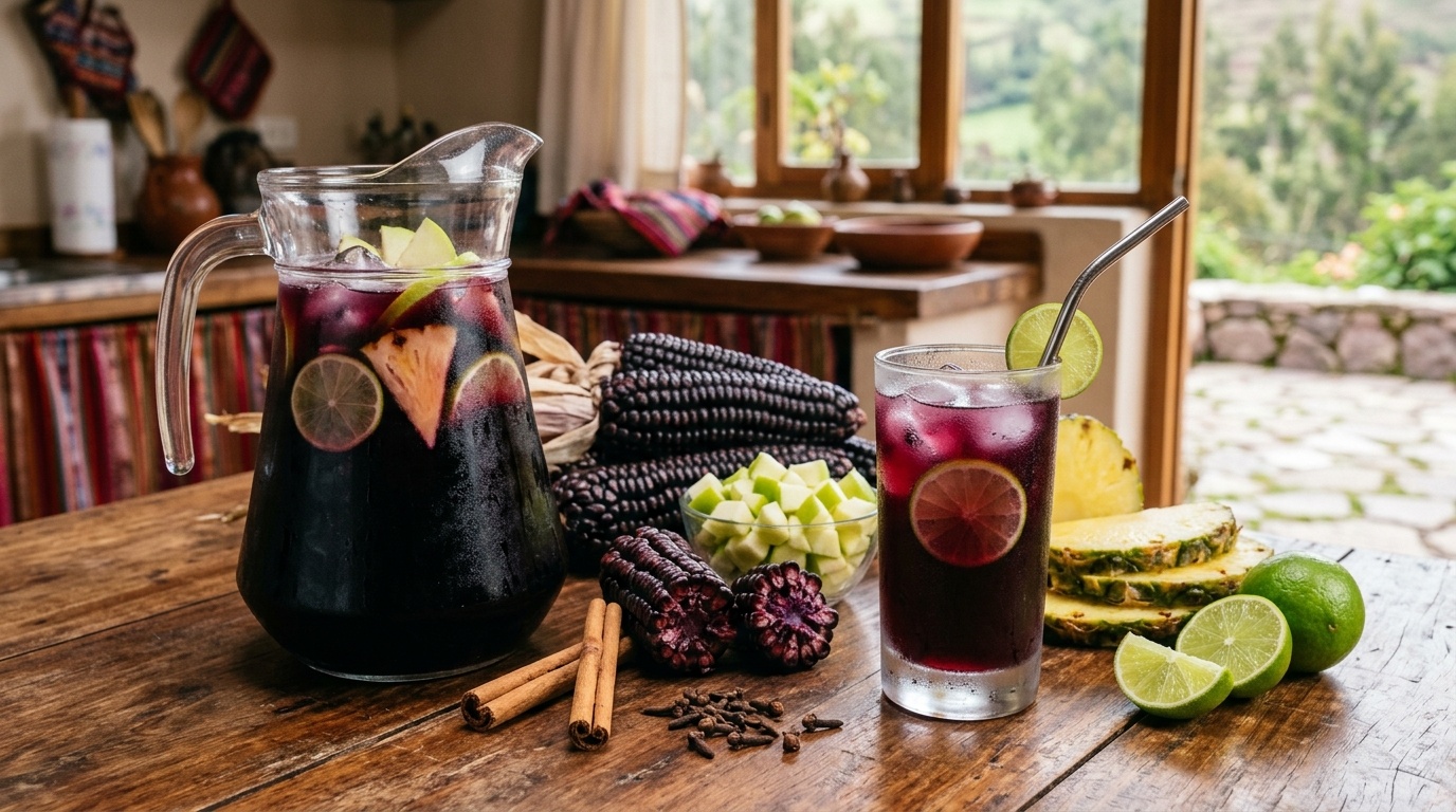 Pitcher and glass of chicha morada with dried purple corn, pineapple, cinnamon, cloves and lime