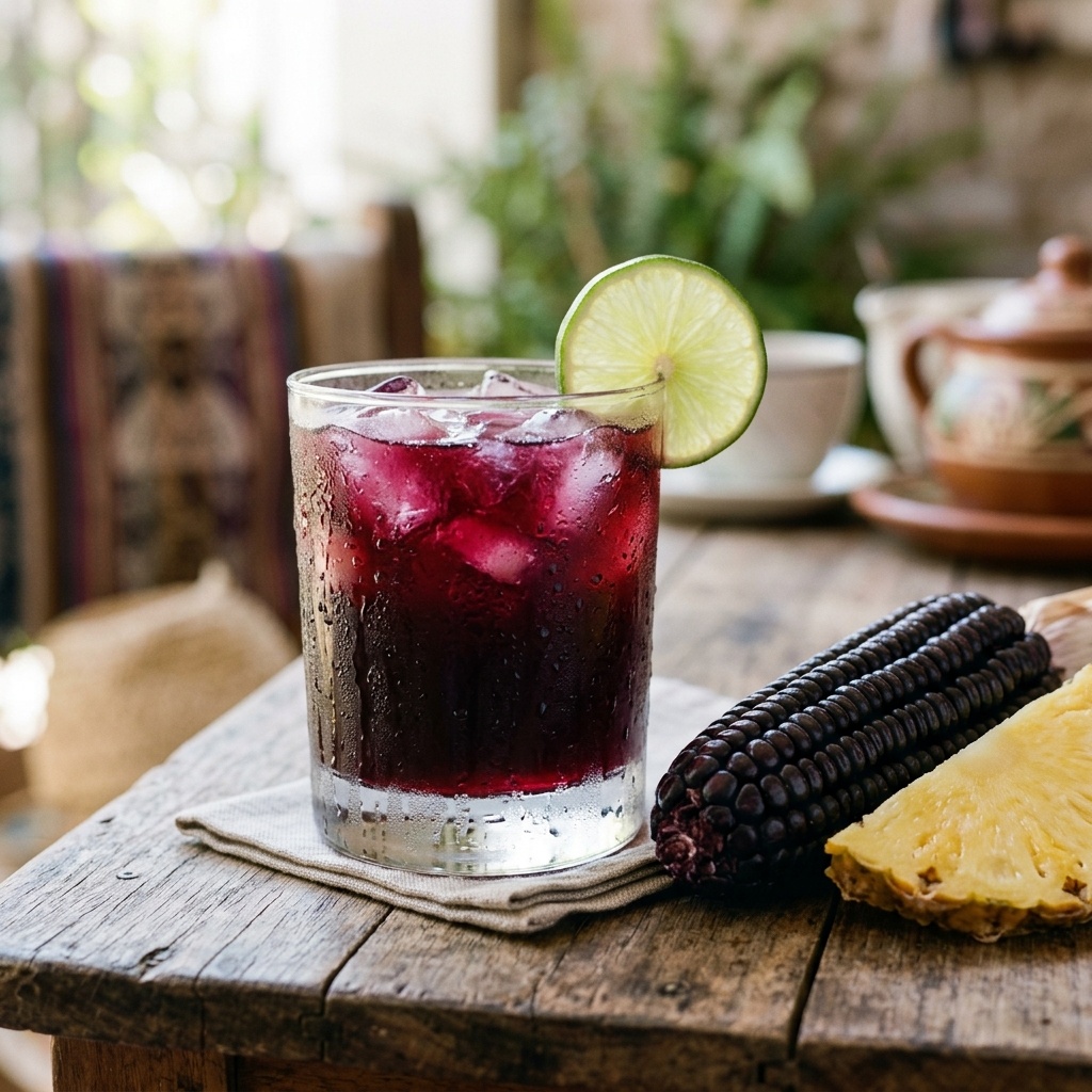 Glass of chilled Peruvian chicha morada with ice, lime, and dried purple corn