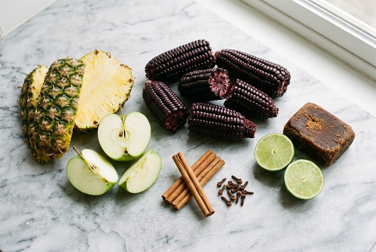Purple corn, pineapple rind, Granny Smith apple, cinnamon, cloves, chancaca and limes for chicha morada