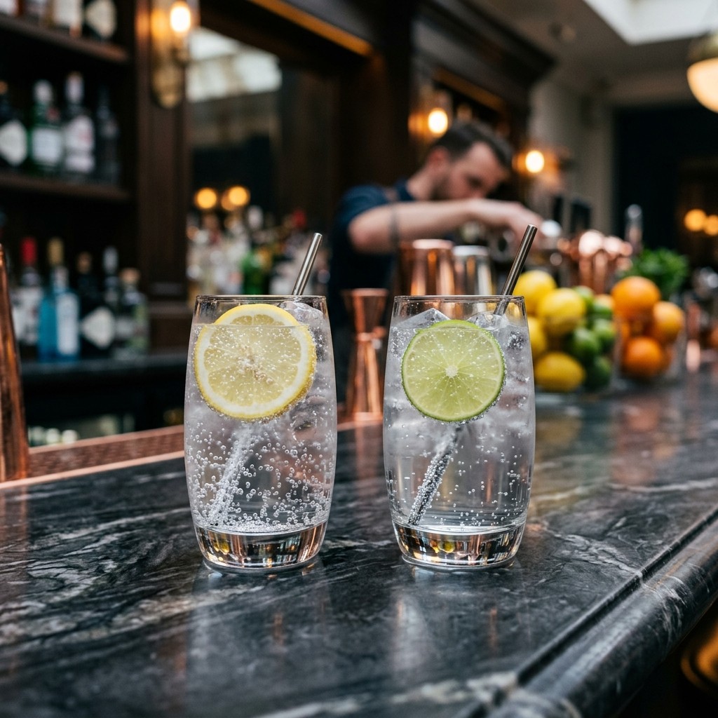 Two glass tumblers containing club soda with lemon and tonic water with lime on a marble bar counter