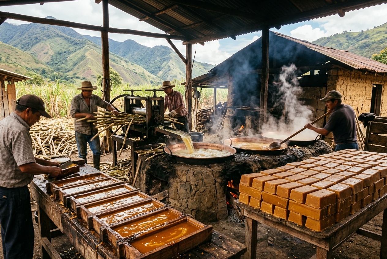Traditional Colombian trapiche with sugarcane juice being heated and panela blocks cooling in molds