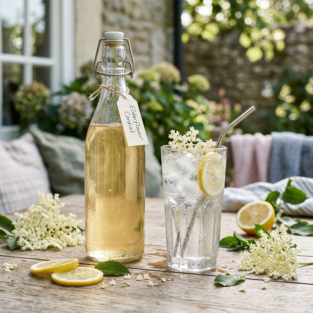 Bottle of golden elderflower cordial beside sparkling water with fresh elderflowers