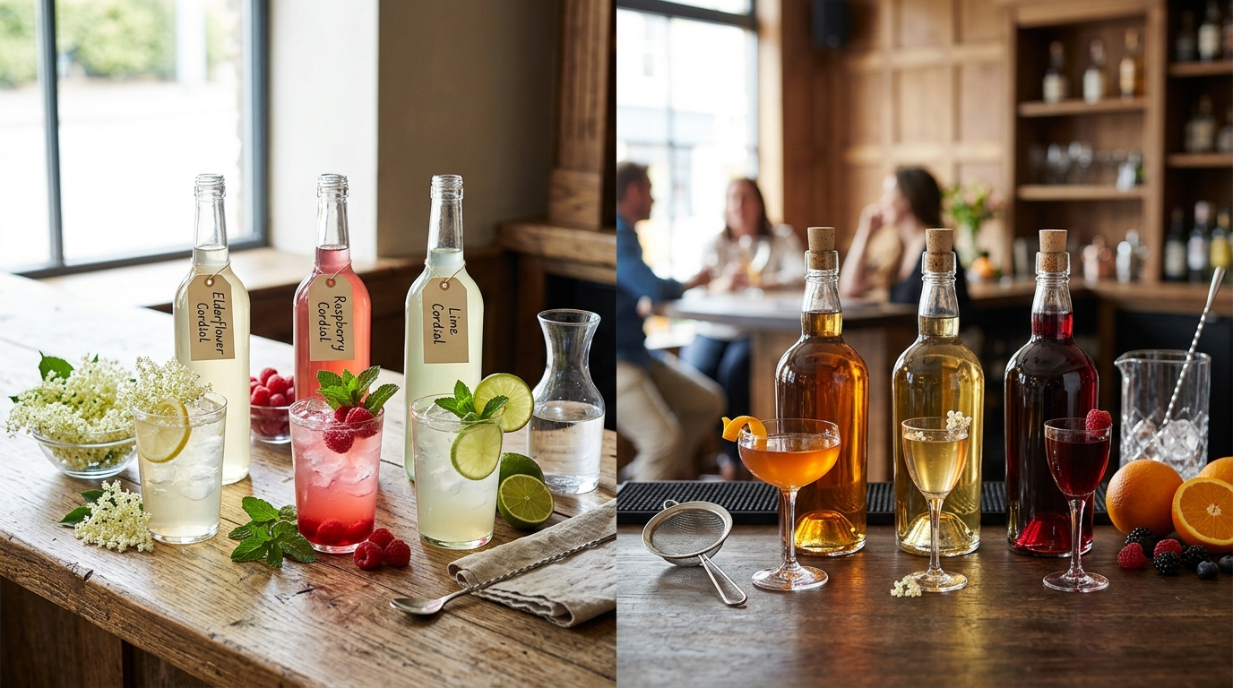 Non-alcoholic fruit cordials beside alcoholic liqueurs showing the UK and USA meanings of cordial