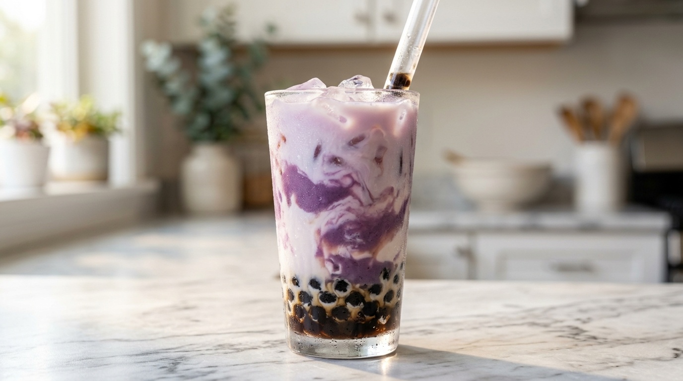 Tall glass of creamy lavender taro milk tea with boba pearls and purple swirl