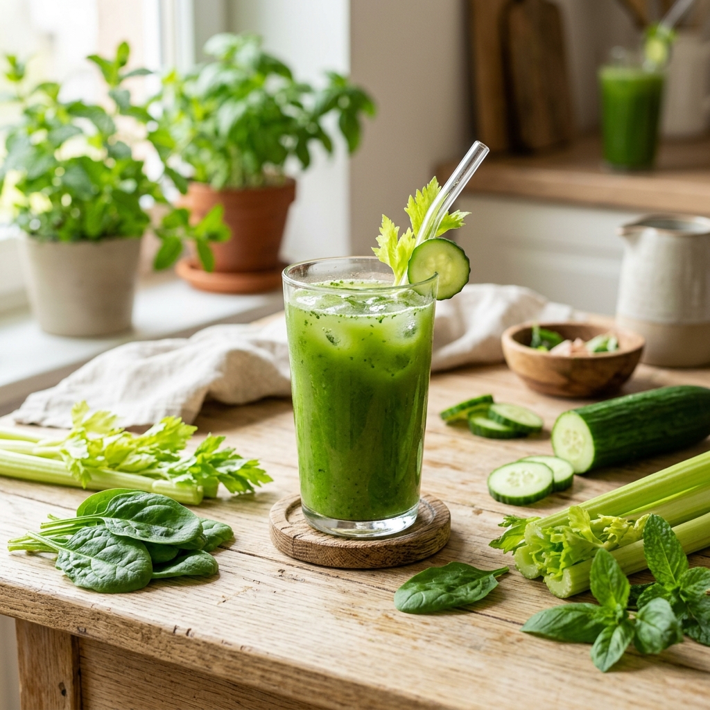 Glass of low-sugar green juice made from cucumber, celery, and spinach on a light-colored wooden table