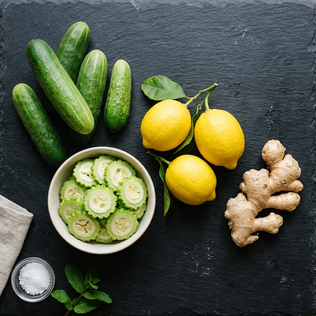 Flat-lay top-down photo of fresh cucumbers, sliced bitter gourd, whole lemons, and a ginger root