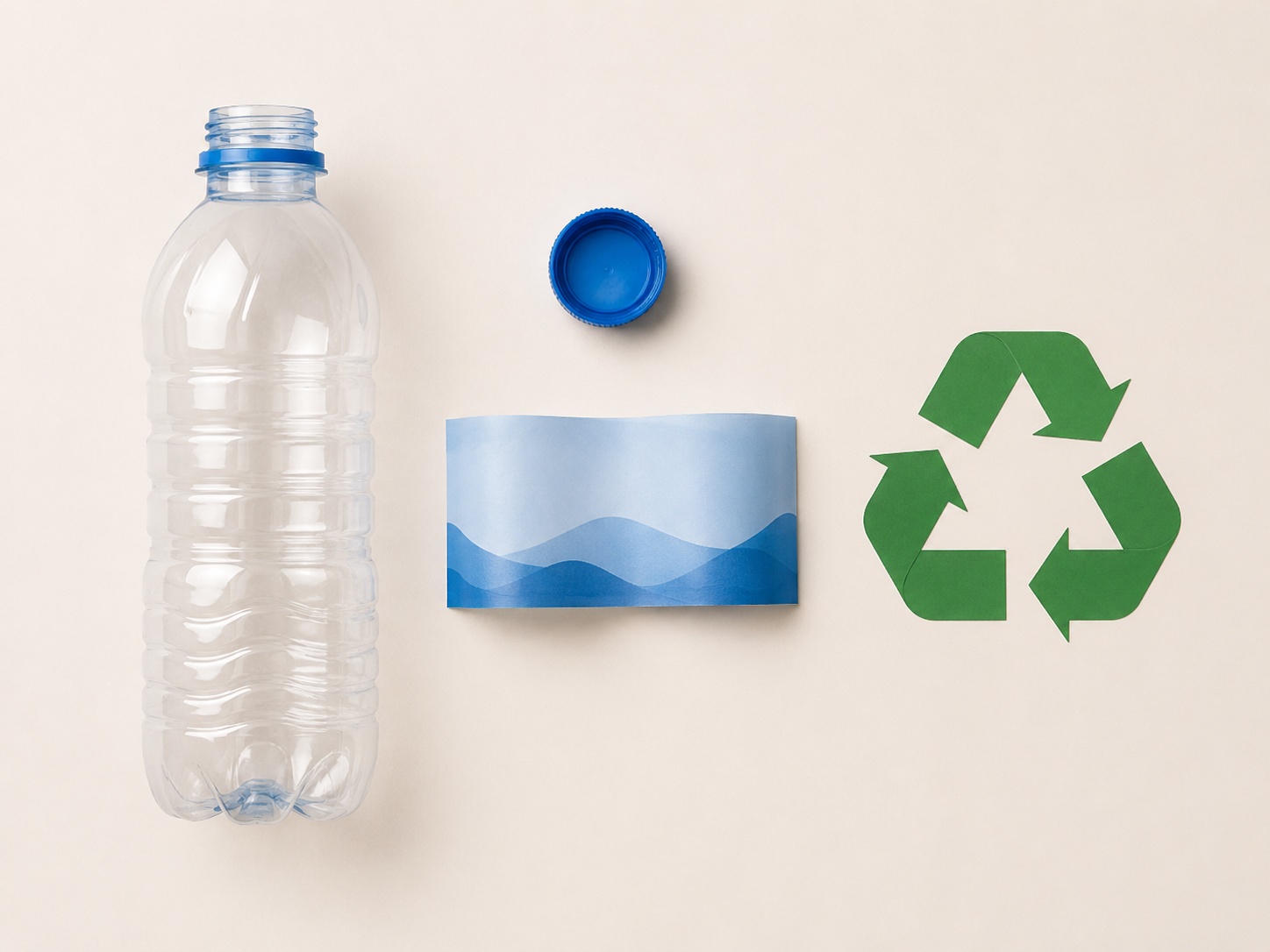 Juice bottle separated into cap, label and bottle for recycling