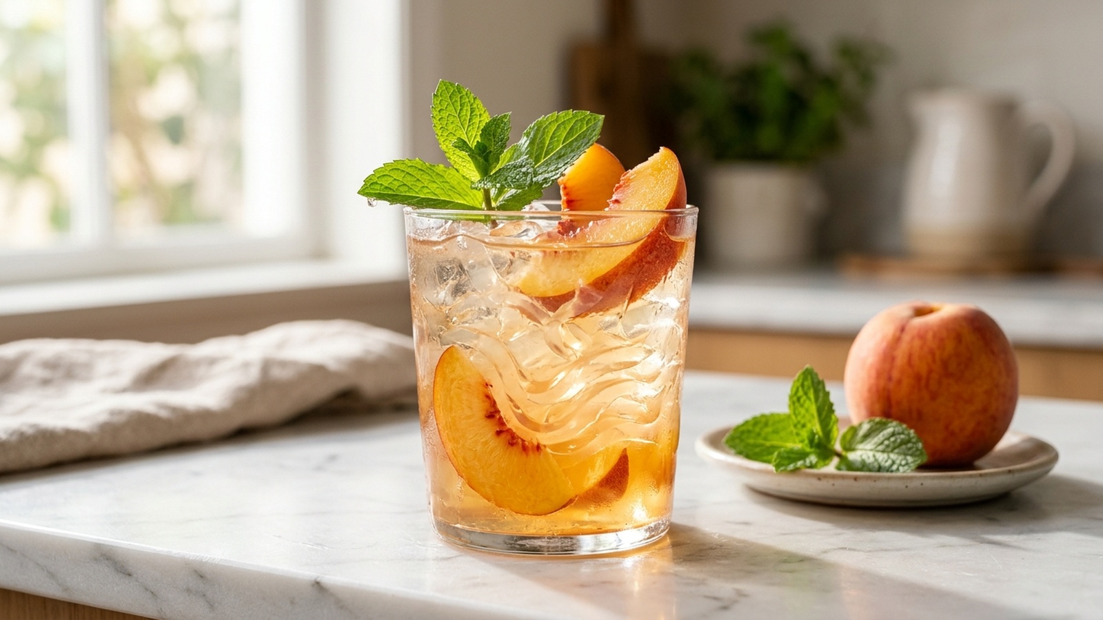 Clear tumbler with translucent peach-flavored drinkable konjac jelly ribbons, crushed ice, and mint on marble counter