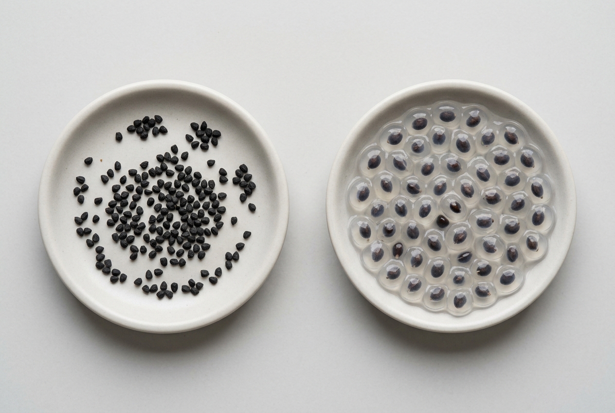 Dry black basil seeds beside fully soaked basil seeds with clear gel coatings