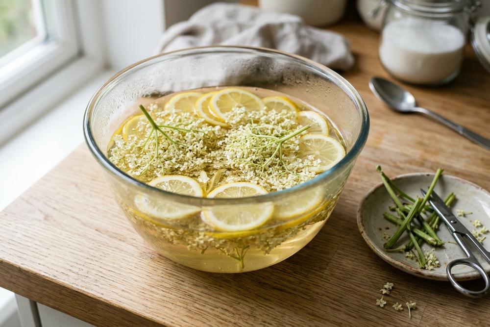 Elderflower heads and lemon slices steeping in warm sugar syrup inside a clean glass bowl
