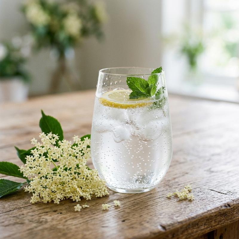 Glass of sparkling elderflower pressé with lemon, mint and fresh elderflowers