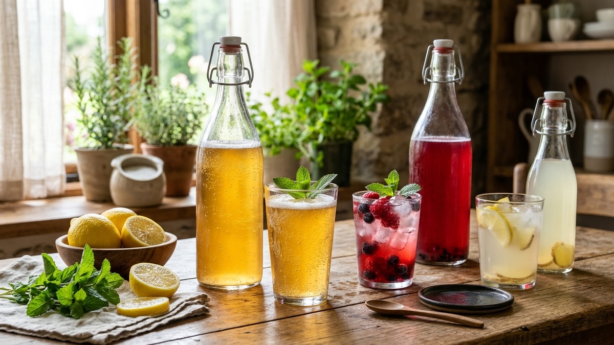 Four colorful glass bottles and glasses of chilled fermented drinks including kombucha, milk kefir, and tepache on a sunlit kitchen table
