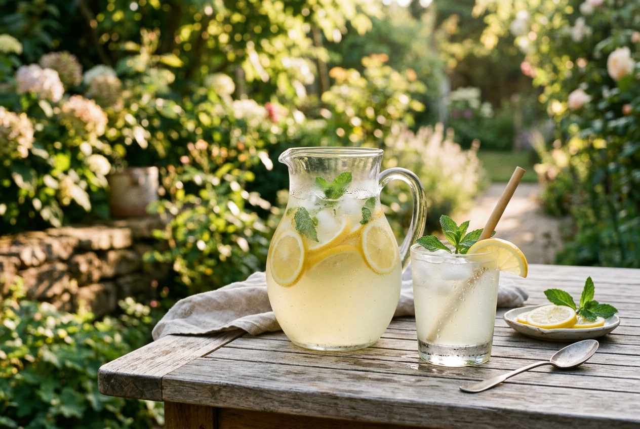 Glass pitcher and tall glass of fresh homemade lemonade with mint and lemons