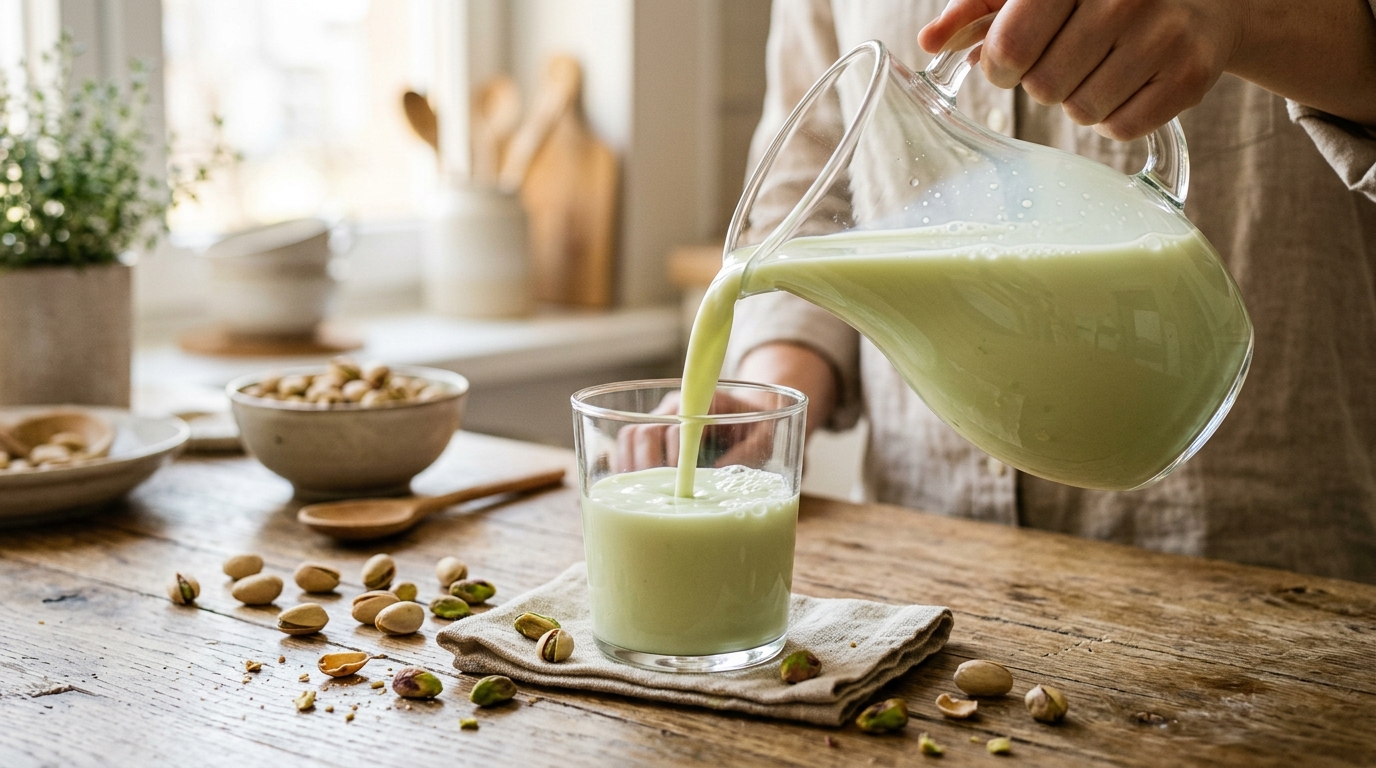 Pistachio milk pouring from a glass pitcher beside shelled pistachios