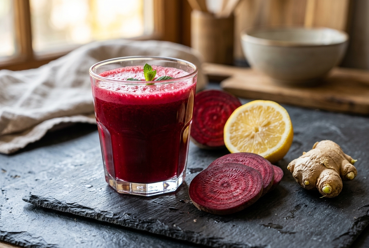 Fresh ruby red beet juice in a glass with ginger, lemon, and beets